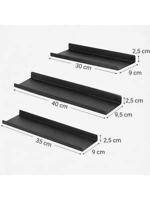 Mabeyn 3’lü Metal Duvar Rafı Yapışkanlı Raf Seti Banyo Rafı Mutfak Rafı Dekoratif Duvar Rafı Siyah Minimal Raf Organizer Seti 30-35-40 cm
