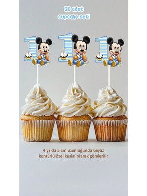 Sinek Kupası Tasarım 1 Yaş Mickey Mouse Temalı Cupcake Süsü Pasta Süsü Doğum Günü Süsü 20 Adet