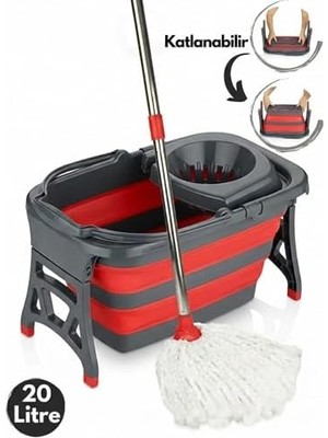 Mabeyn 20 Litre Katlanabilir Mop ve Kovası - Temizlik Kovası - Paspas ve Kova - Ev Tipi Moplar ve Kova Setleri - Kırmızı (Kırmızı)