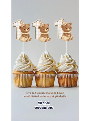 Sinek Kupası Tasarım Kahverengi Ayıcık Temalı Konsept Kürdanlı Cupcake Süsü Doğum Günü Süsü *20'li Kalın Kağıt