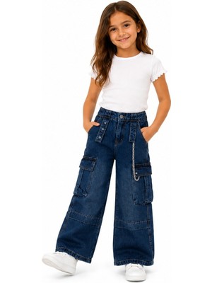 İrem Çocuk Giyim Kız Çocuk Çift Kargo Cepli Geniş Paça Model Zincir Aksesuarlı Lacivert Renk Kot Pantolon