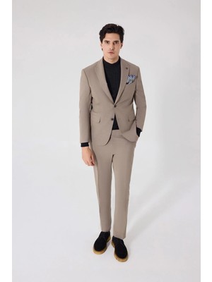 Sabri Özel Erkek Kahve Dar Kesim Slim Fit Viskon Ceket Yaka Fleto Kapaklı Cep Çift Yırtmaçlı 6 Drop Takım Elbise