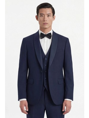Giotelli Erkek Lacivert Dar Kesim Slim Fit Viskon Dokuma Normal Bel 6 Drop Yelekli Smokin Takım Elbise