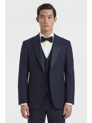 Giotelli Erkek Koyu Lacivert Dar Kesim Slim Fit Viskon Dokuma Nomal Bel 6 Drop Yelekli Smokin Takım Elbise