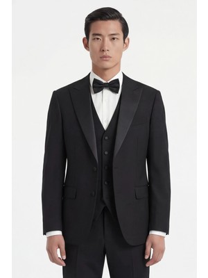 Giotelli Erkek Siyah Dar Kesim Slim Fit Viskon Dokuma Nomal Bel 6 Drop Yelekli Smokin Takım Elbise