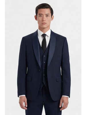 Giotelli Erkek Koyu Lacivert Dar Kesim Slim Fit Viskon Dokuma Normal Bel 6 Drop Yelekli Smokin Takım Elbise
