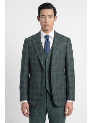 Sabri Özel Giotelli Erkek Yeşil Dar Kesim Slim Fit Viskon Ekose Sivri Yaka Fleto Kapaklı Cep Çift Yırtmaçlı Klasik Paça Tam Astarlı 6 Drop Yelekli Takım Elbise