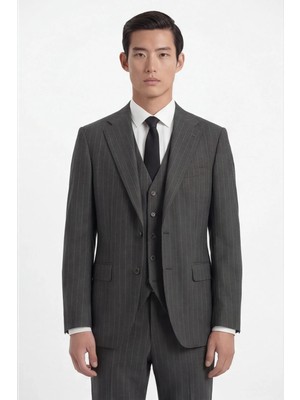 Giotelli Erkek Antrasit Dar Kesim Slim Fit Viskon Dokuma Çizgili Klasik Yaka 6 Drop Takım Elbise