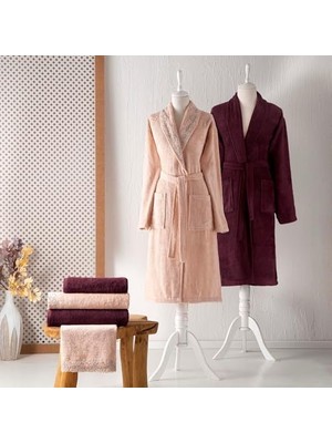 Berry Store Taç Bambu Aile Seti Düz Pamuk-Polyester Aile Bornoz Seti, Somon, 6'lı