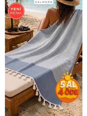 Calmera Çizgili Peştemal | Pamuk - Doğal Saçaklı | Plaj, Havuz, Spa, Sauna, Spor, Seyahat Havlu - Lacivert