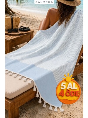 Calmera Çizgili Peştemal | Pamuk - Doğal Saçaklı | Plaj, Havuz, Spa, Hamam, Sauna, Spor, Seyahat Havlusu - Mavi
