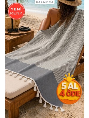 Calmera Çizgili Peştemal | Pamuk - Doğal Saçaklı | Plaj, Havuz, Spa, Sauna, Spor, Seyahat Havlu - Siyah