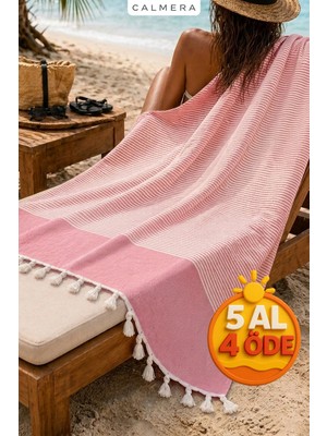 Calmera Çizgili Peştemal | Pamuk - Doğal Saçaklı | Plaj, Havuz, Spa, Hamam, Sauna, Spor, Seyahat Havlusu - Pembe