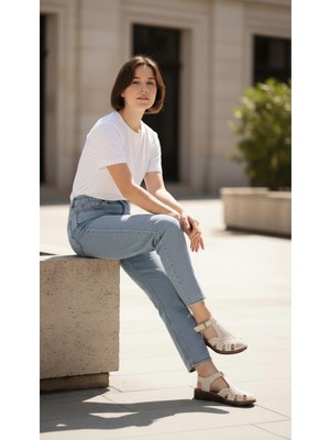 Mammamia D26YS-2360 Bej Hakiki Deri Tam Ortopedik Casual Kadın Günlük Sandalet