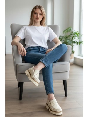 Mammamia D26YA-3620 Krema Hakiki Deri Tam Ortopedik Casual Kadın Günlük Ayakkabı