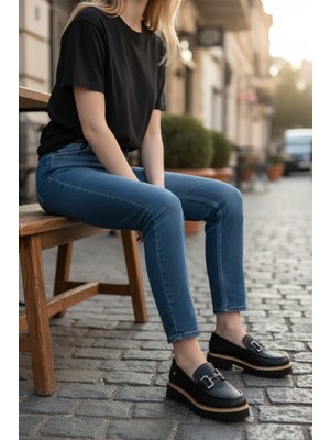 Mammamia D26YA-3630 Siyah Hakiki Deri Tam Ortopedik Casual Kadın Günlük Ayakkabı
