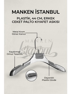 Manken İstanbul 20 Adet Italyan Kanca  Gümüş Kaplama Plastik Ceket Askısı Kıyafet Askısı Takım Elbise Askısı
