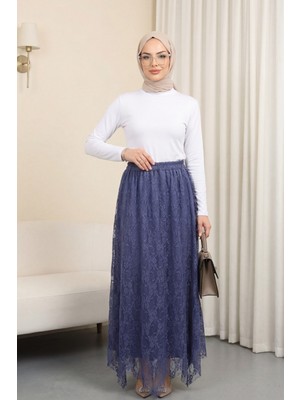 Moda Morfo Asimetrik Kesim Astarlı Beli Lastikli Tül Etek -Indigo