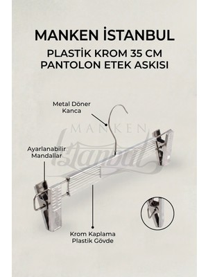 Manken İstanbul 3 Adet Plastik Krom Kaplama Pantolon Askısı Etek Askısı Elbise Askısı