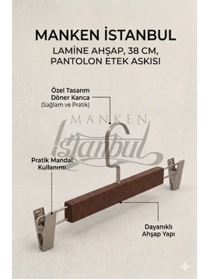 Manken İstanbul A-Kalite 10 Adet Lamine Ceviz Ahşap Mandallı Pantolon Askısı Etek Askısı