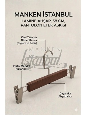 Manken İstanbul A-Kalite 20 Adet Lamine Ceviz Ahşap Mandallı Pantolon Askısı Etek Askısı