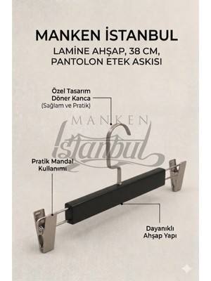 Manken İstanbul A-Kalite 20 Adet Lamine Siyah Ahşap Mandallı Pantolon Askısı Etek Askısı