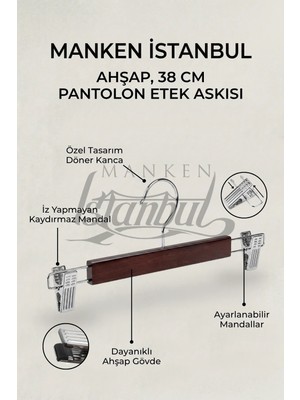 Manken İstanbul Delüks 5 Adet Ahşap Siyah-Beyaz-Ceviz Ahşap Mandallı Pantolon Askısı Etek Askısı Elbise Askısı