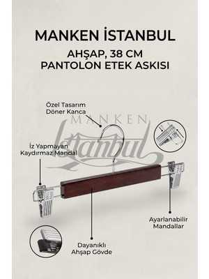 Manken İstanbul Delüks 20 Adet Ahşap Siyah-Beyaz-Ceviz Ahşap Mandallı Pantolon Askısı Etek Askısı Elbise Askısı