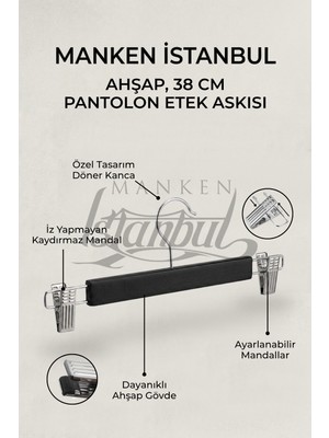 Manken İstanbul Delüks 100 Adet Ahşap Siyah-Beyaz-Ceviz Ahşap Mandallı Pantolon Askısı Etek Askısı Elbise Askısı