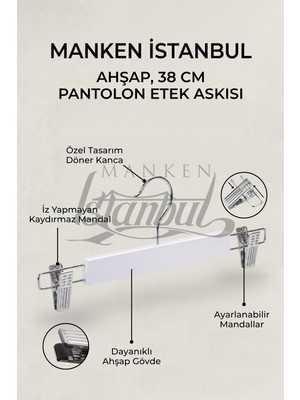 Manken İstanbul Delüks 100 Adet Ahşap Siyah-Beyaz-Ceviz Ahşap Mandallı Pantolon Askısı Etek Askısı Elbise Askısı