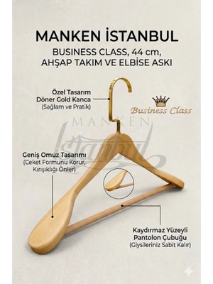 Manken İstanbul Business Class 5 Adet 44 cm Gold Italyan Kanca Masif Ahşap  Elbise Askısı Palto Askısı Ceket Askısı