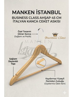Manken İstanbul Business Class 45 cm Italyan Kanca 20 Adet Ceket Askısı Buluz Askısı Elbise Askısı Ahşap Askı