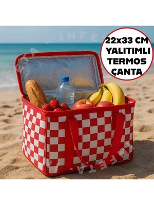 İnfeta 22X22X33 cm Termal Piknik Çantası 25LT Isı Yalıtımlı Ekoseli Yemek Taşıma Çantası