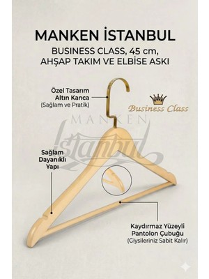 Manken İstanbul Business Class 45 cm Gold Italyan Kanca 5 Adet Ceket Askısı Buluz Askısı Elbise Askısı Ahşap Askı