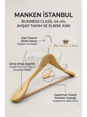 Manken İstanbul Business Class 5 Adet 44 cm Masif Ahşap Takım Elbise Askısı Palto Askısı Ceket Askısı