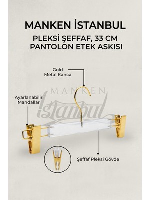 Manken İstanbul Business Class 3 Adet Pleksi Şeffaf Gold Kanca Mandallı Pantolon Askısı Etek Askısı