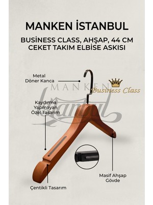 Manken İstanbul Business Class 3 Adet 44 cm Siyah Italyan Kanca Masif Ahşap Takım Elbise Askısı Palto Ceket Askısı
