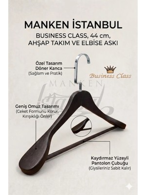 Manken İstanbul Business Class 3 Adet 44 cm Italyan Kanca Masif Ahşap Takım Elbise Askısı Palto Askısı Ceket Askısı