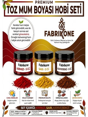 Fabrikone 3'lü Set Premium Parafin Soya Wax Toz Mum Boyası Hobi Seti - 5 cc (Kırmızı, Sarı, Kahverengi) BKFAB3KSRKH5G