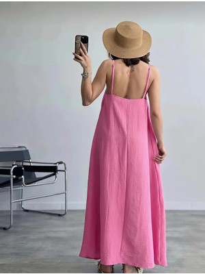 Kadın Pembe Ayarlanabilir Askılı Pamuklu Yazlık Uzun Elbise