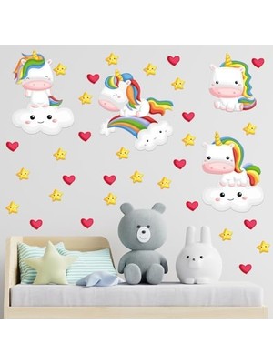 DMR Home Sevimli ve Gökkuşağı Duvar Seti - 4 Farklı, Bulutlar, Yıldızlar ve Kalpler - Çocuk ve Bebek Odası Dekoratif Duvar Çıkartması
