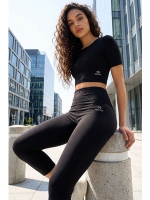 Tommy Life Siyah Yüksek Bel Kapri-Crop T-Shirt Slim Fit Kadın Tayt Takım - 95285