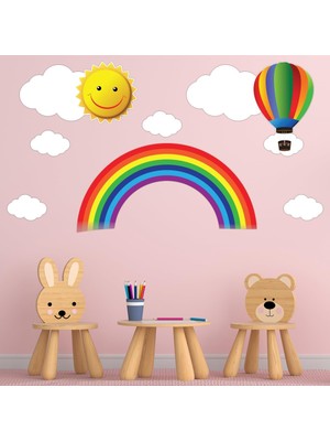 DMR Home Rengarenk Gökkuşağı, Uçan Balon, Güneş ve Bulutlar Duvar Seti - Bebek ve Çocuk Odası Dekoratif Duvar Çıkartması