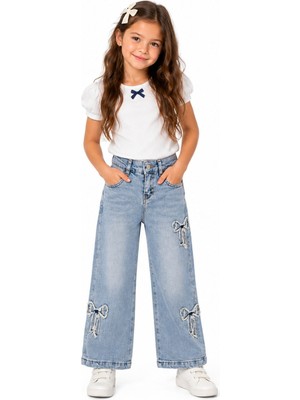 İrem Çocuk Giyim Kız Çocuk Kurdele Detaylı Geniş Paça Model Bel Lastik Ayarlamalı Mavi Renk Kot Pantolon