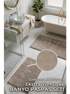 Agkhome Queen 2’li Banyo Paspası Seti Bej 50x80 80x120 cm Kaymaz Taban Yumuşak Hızlı Emici Mutfak Antre Yatak Odası