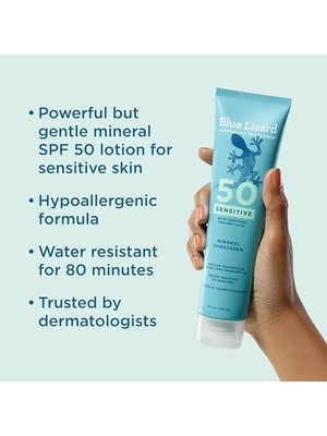 DMR Home Blue Lızard Çinko Oksit ile Hassas Mineral Güneş Koruyucu 50+ Suya Dayanıklı Uvauvb Koruması Akıllı Kapak Teknolojisi ile Kokusuz, Hassas, Spf 50 - - Tüp, Kokusuz, 5 Fl Oz