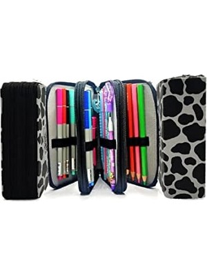 Assess Store Kalem Kutusu Inek Desenli Kawai Organizer Kalemkutu Vegan Deri Üç Bölmeli Kalemlik - Siyah