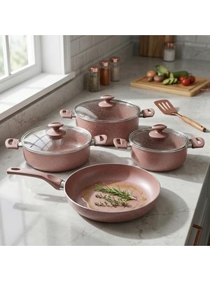 DMR Home Nirvana 7 Parça Tencere ve Tava Seti - Tuscany Pembe Kırçıl Renkli Yanmaz Yapışmaz Çeyiz Paketi (20/22/26/26 Cm)
