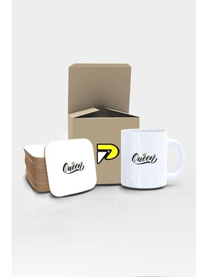 DMR Home Kraliçe Yazılı Tipografik Tasarımlı Baskılı Kupa Bardak Seti, Eğlenceli Özel Hediye Mug