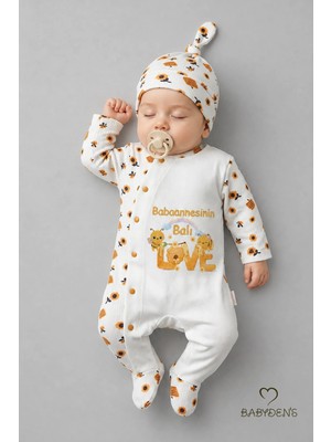 Babyden's Babaannesinin Balı Yazılı Yenidoğan Bebek Tulum Şapka Set Arı Desenli %100PAMUK Çıtçıtlı Bebek Tulum